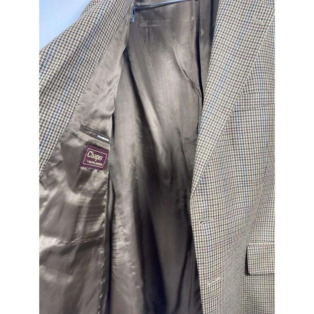 Vtg Chaps Ralph Lauren‎ Sport Coat Mens 44R Brown Silk Wool Houndstooth Blazer